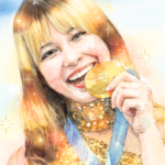 金メダルをかじるアリサ・リウ選手