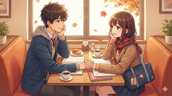 関関同立を目指す受験生カップルがデートしている図