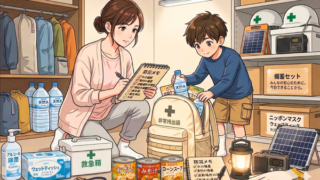 燃料危機のために備蓄をすすめる親子