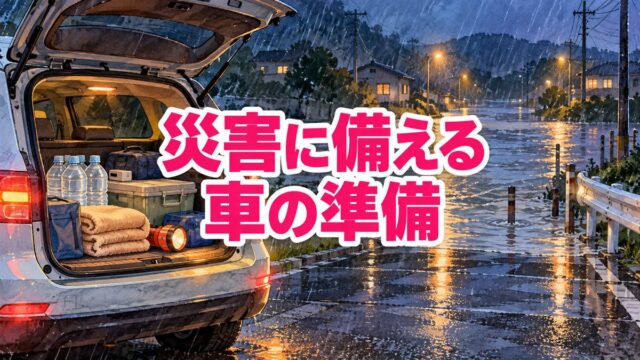 災害に備える車の準備を表す水彩画風のイラスト。大雨の夜、冠水しかけた道の手前に止まった車のトランクに水や毛布などの防災用品が積まれている