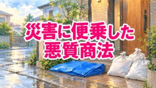 災害に便乗した悪質商法の注意を呼びかける水彩画風のイラスト。雨上がりの住宅の玄関先にブルーシートと土のう袋が置かれている
